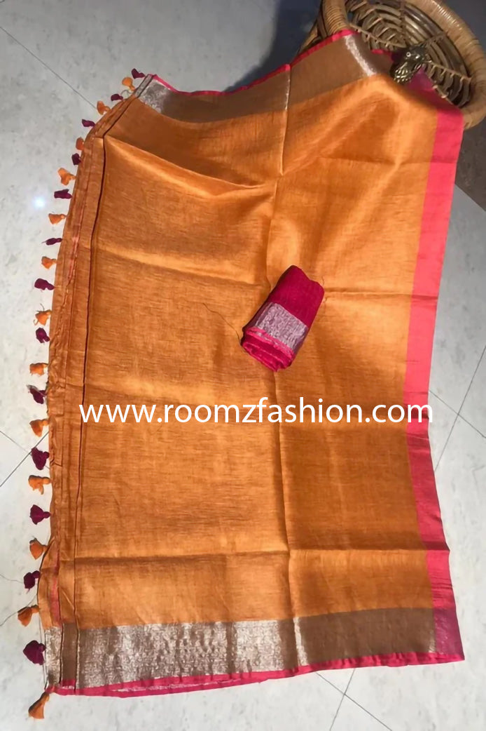 Orange linen saree with zari border and pink blouse | Traditional Wear | Roomz