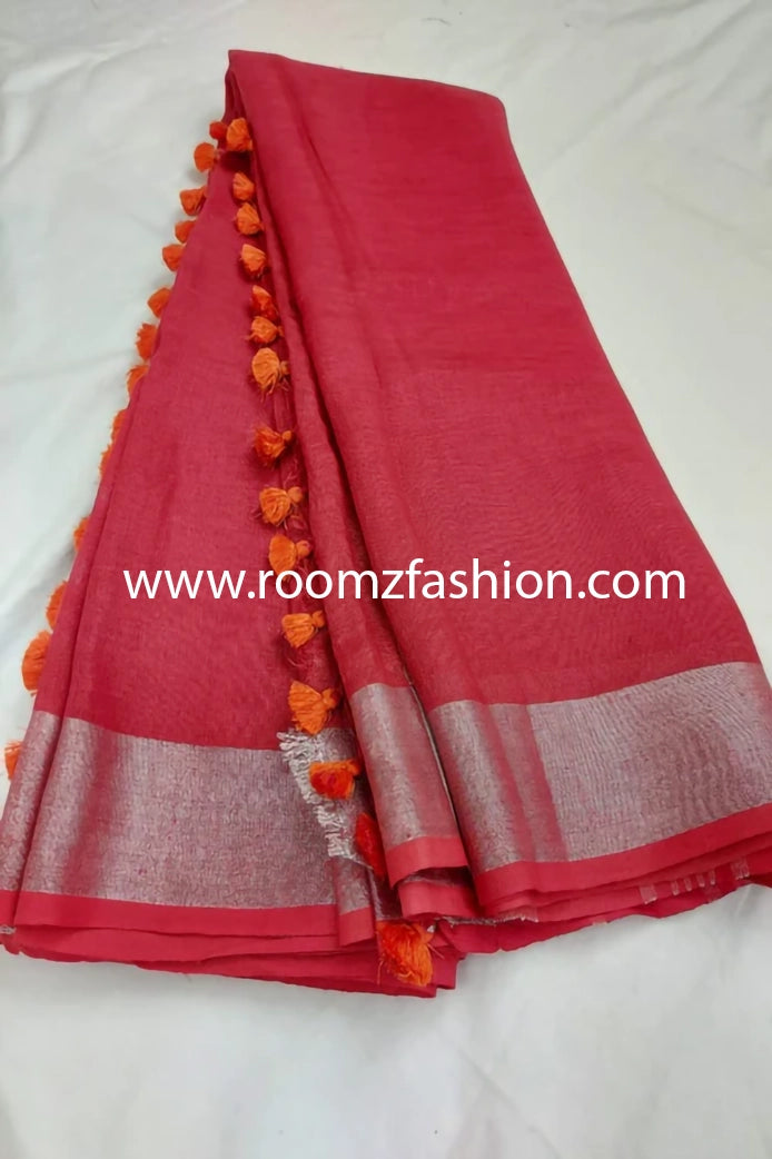 Peach pure linen saree with silver zari border - Roomz Ethnic Wear Collection