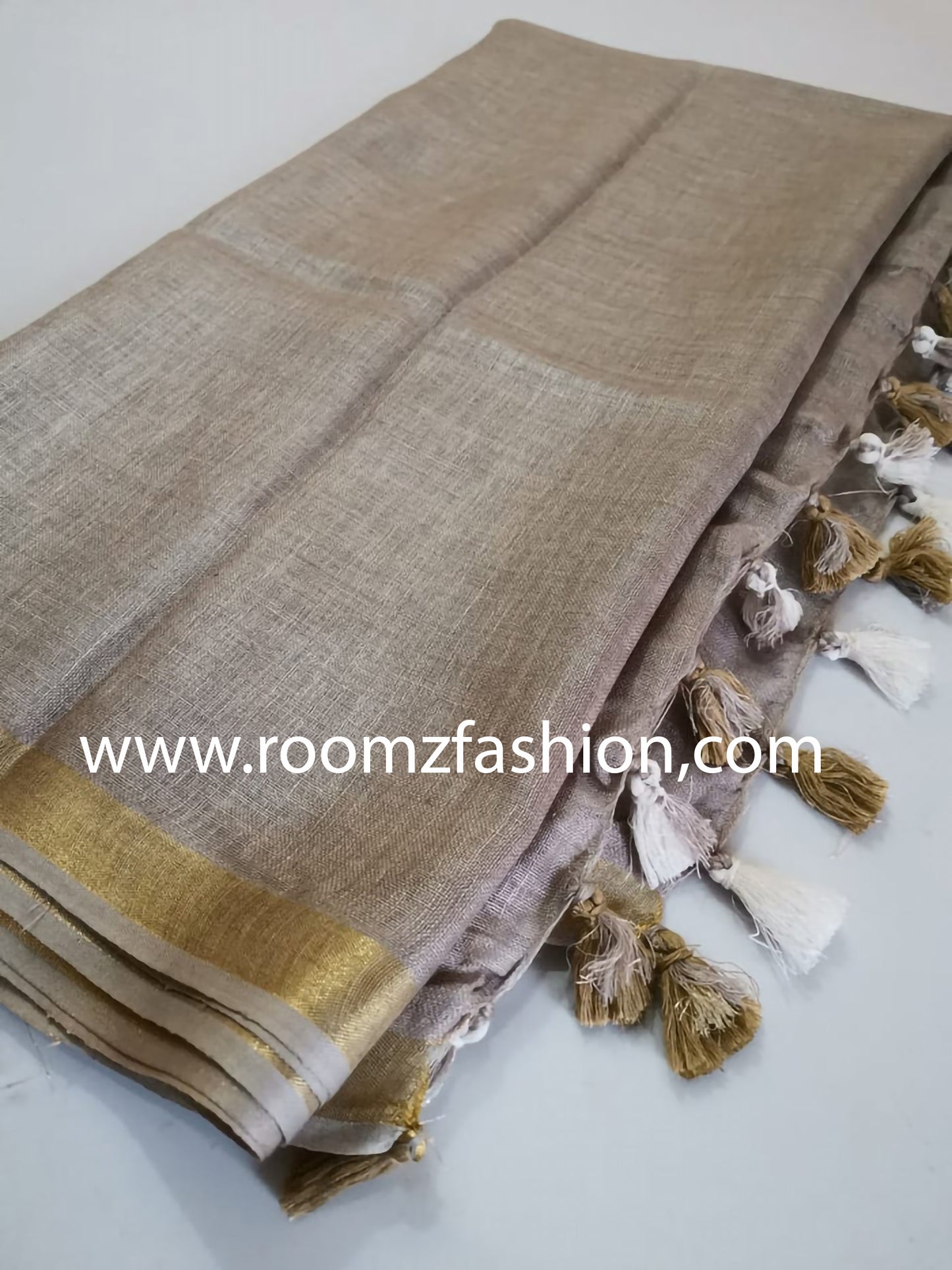 Khaki linen saree with golden zari border - Roomz Monochrome Collection