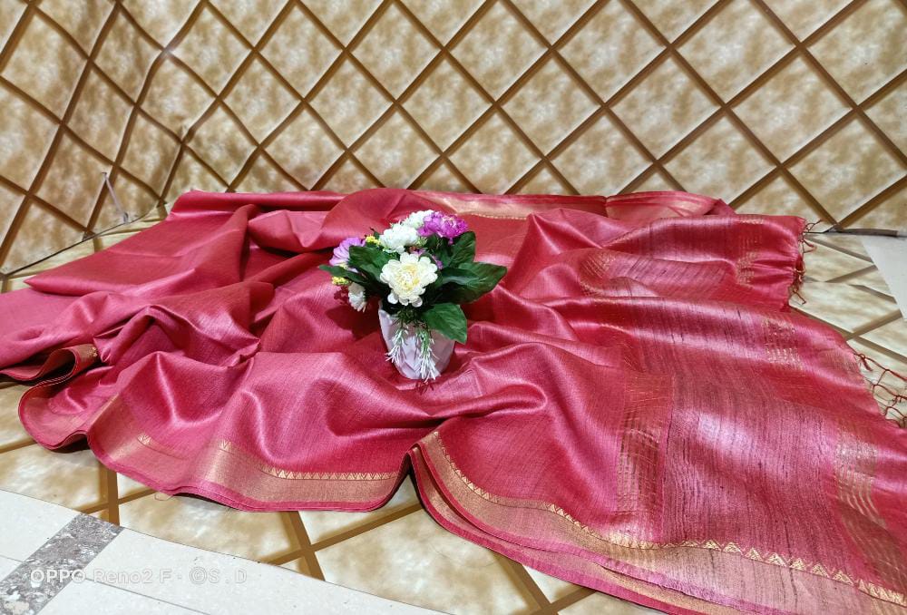 Silk Mark Certified Orange Tussar Munga Pure Silk Saree with Golden Zari Border