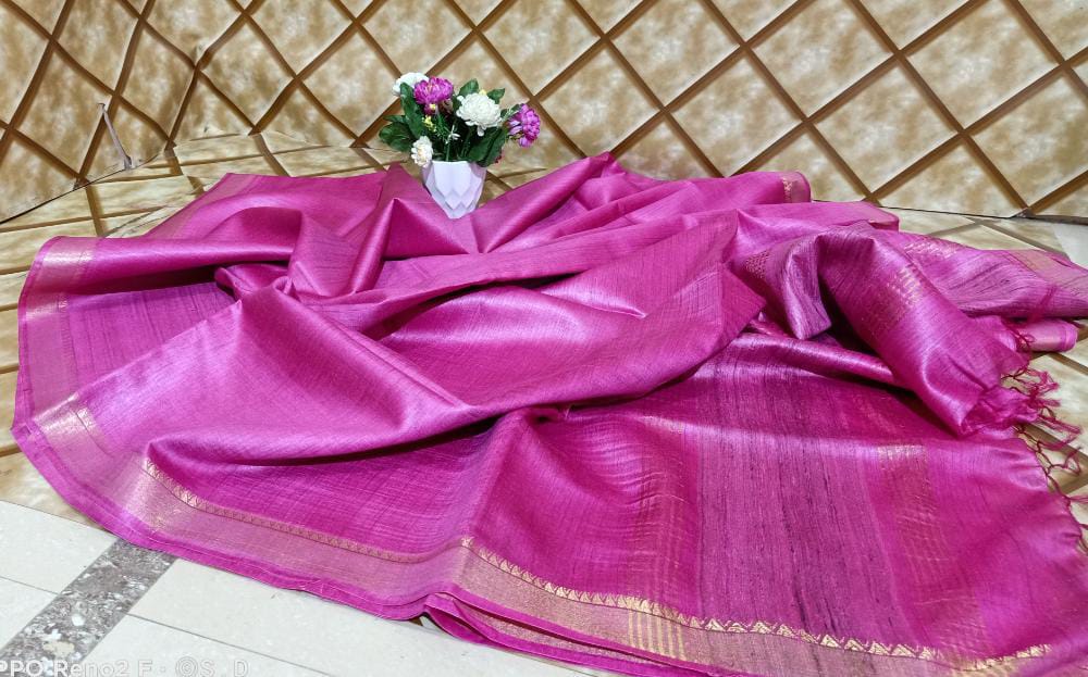 Blush Pink Tussar Munga Pure Silk Saree with Golden Zari Border
