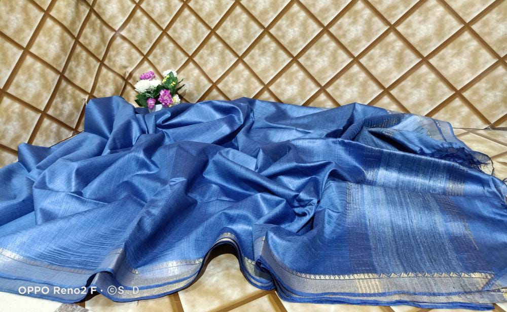 Navy Blue Tussar Munga Pure Silk Saree with Golden Zari Border - Handwoven"