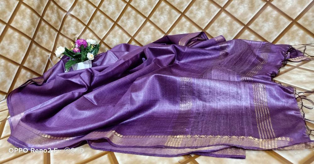 Royal Purple Tussar Munga Pure Silk Saree with Golden Zari Border