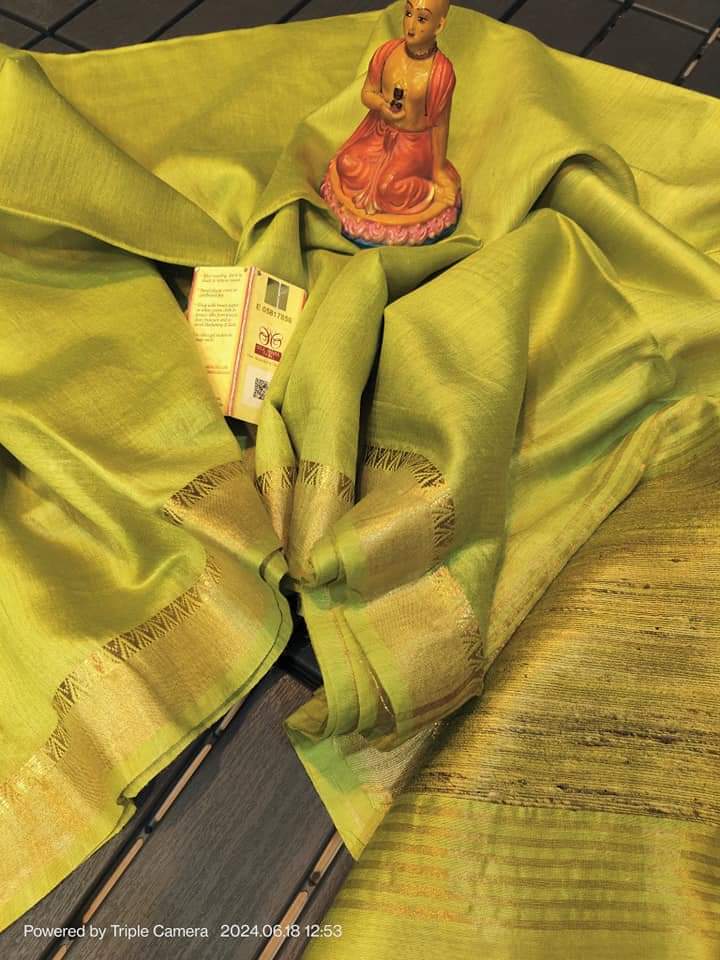 Olive Green Tussar Munga Pure Silk Saree with Golden Zari Border