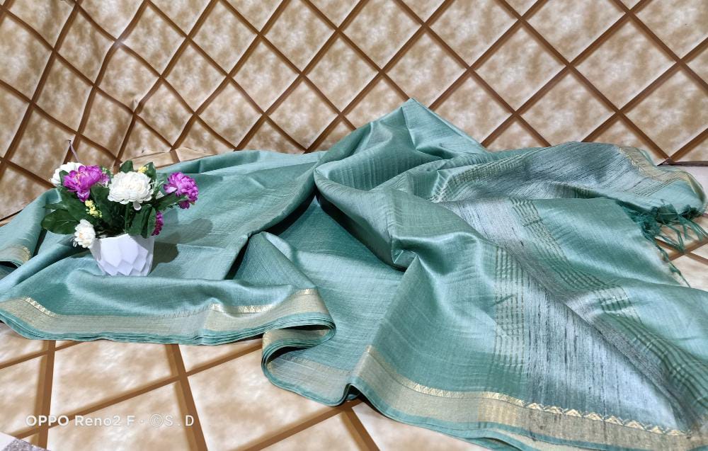 Rama Green Tussar Munga Pure Silk Saree with Golden Zari Border