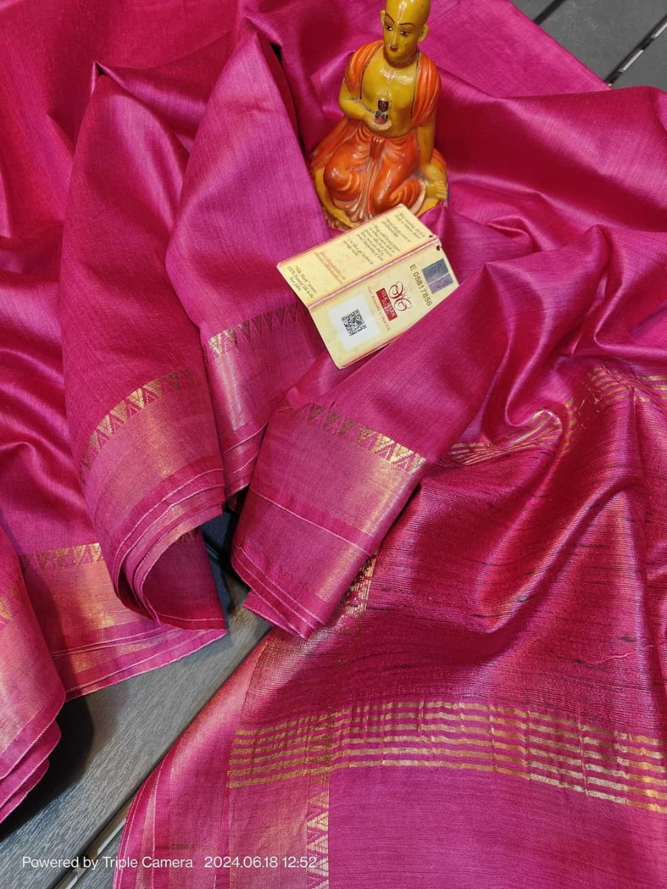 Silk Mark Certified Pink Tussar Munga Pure Silk Saree with Golden Zari Border