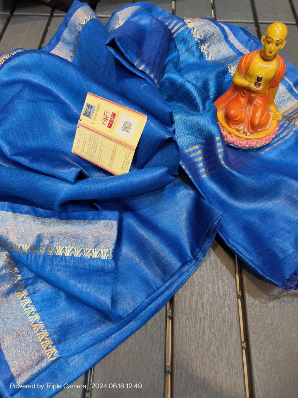 Royal Blue Tussar Munga Pure Silk Saree with Golden Zari Border