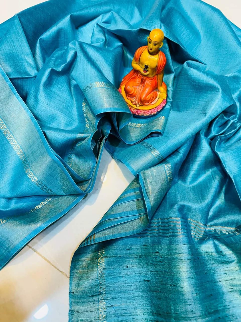 Turquoise Tussar Munga Pure Silk Saree with Golden Zari Border - Handwoven