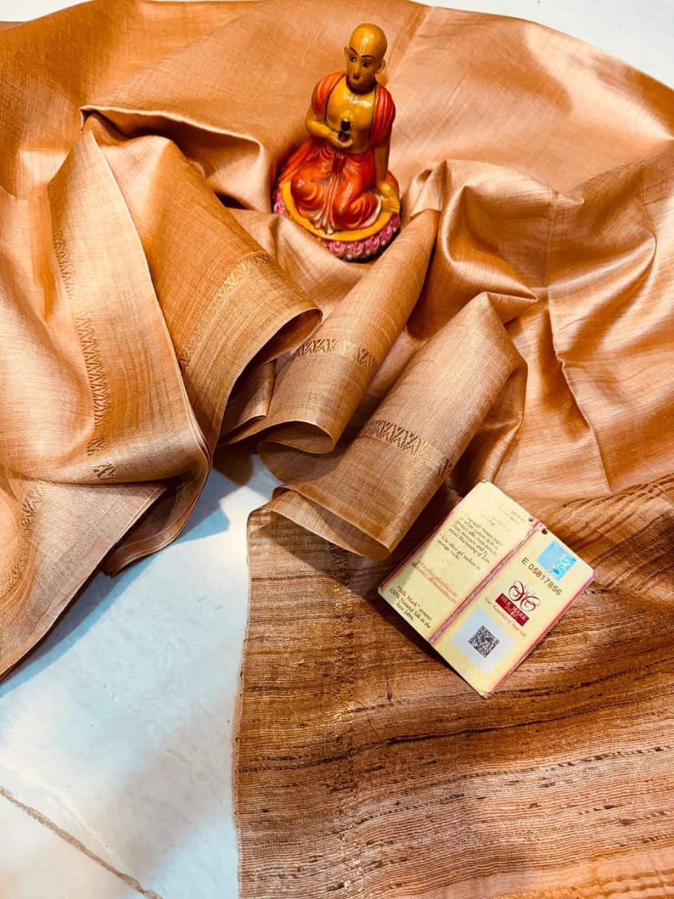 Orange Tussar Munga Pure Silk Saree with Golden Zari Border - Handwoven