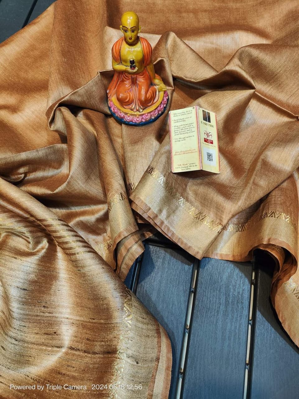 Khaki Tussar Munga Pure Silk Saree with Golden Zari Border - Handwoven