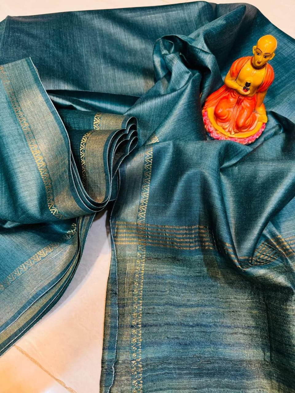 Turquoise Blue Tussar Munga Pure Silk Saree with Golden Zari Border - Handwoven