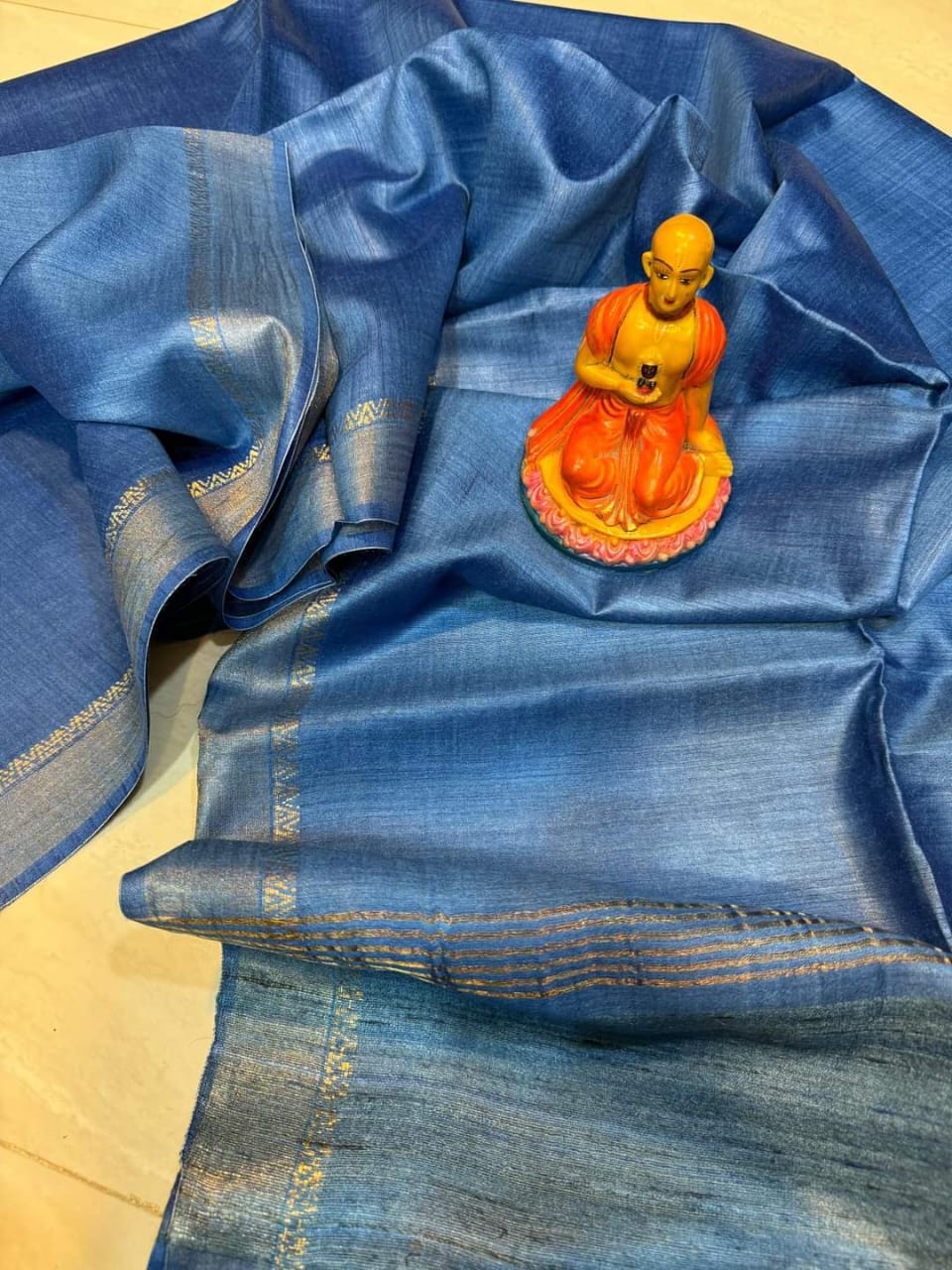 Royal Blue Tussar Munga Pure Silk Saree with Golden Zari Border