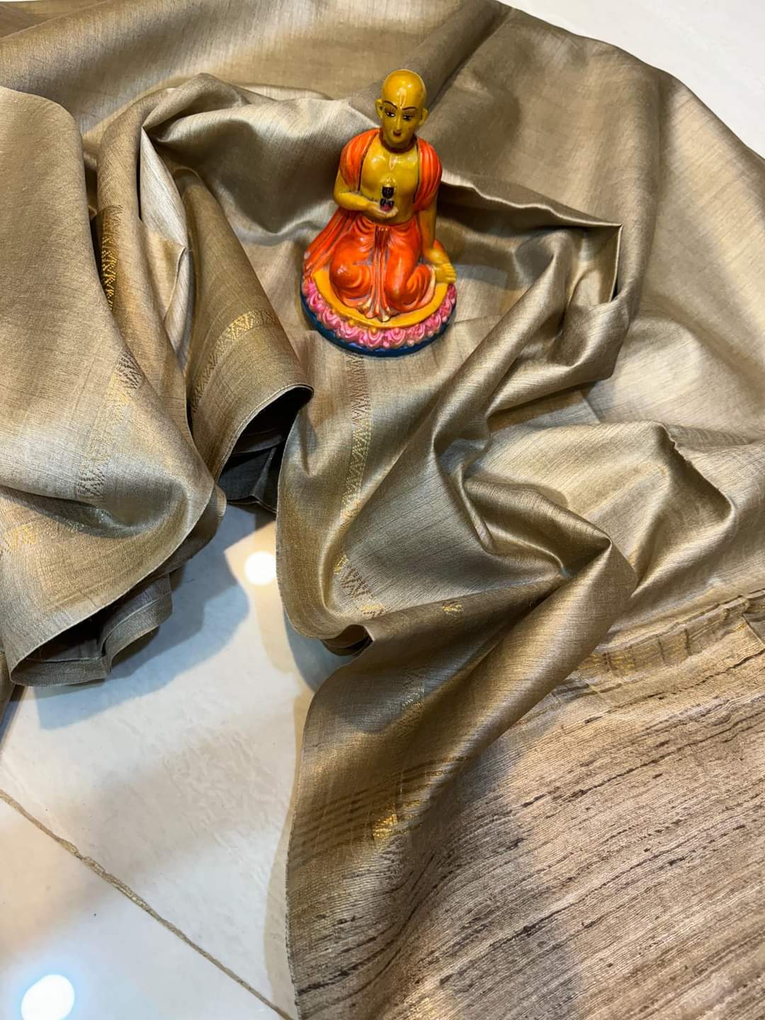 Silk Mark Certified Beige Tussar Munga Pure Silk Saree with Golden Zari Border