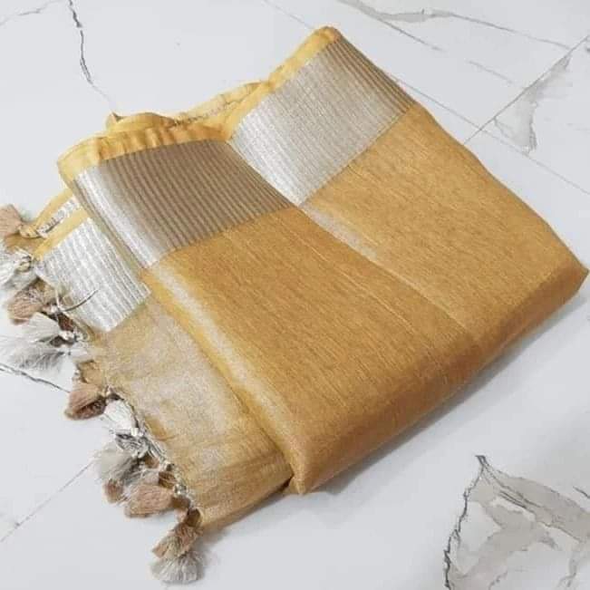 Chiku nude saree with silver zari border draped elegantly