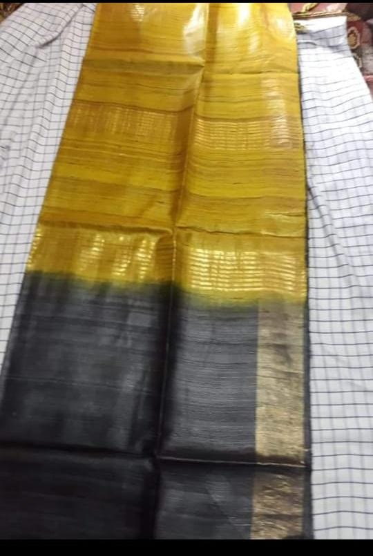 Black Body with Yellow Pallu Tussar Ghicha Silk Saree - Golden Zari Border | Handwoven Pure Silk