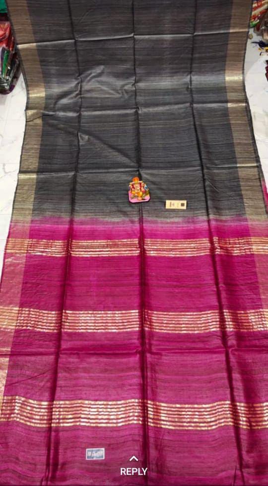 Black Body with Red Pallu Tussar Ghicha Silk Saree - Golden Zari Border | Handwoven Pure Silk