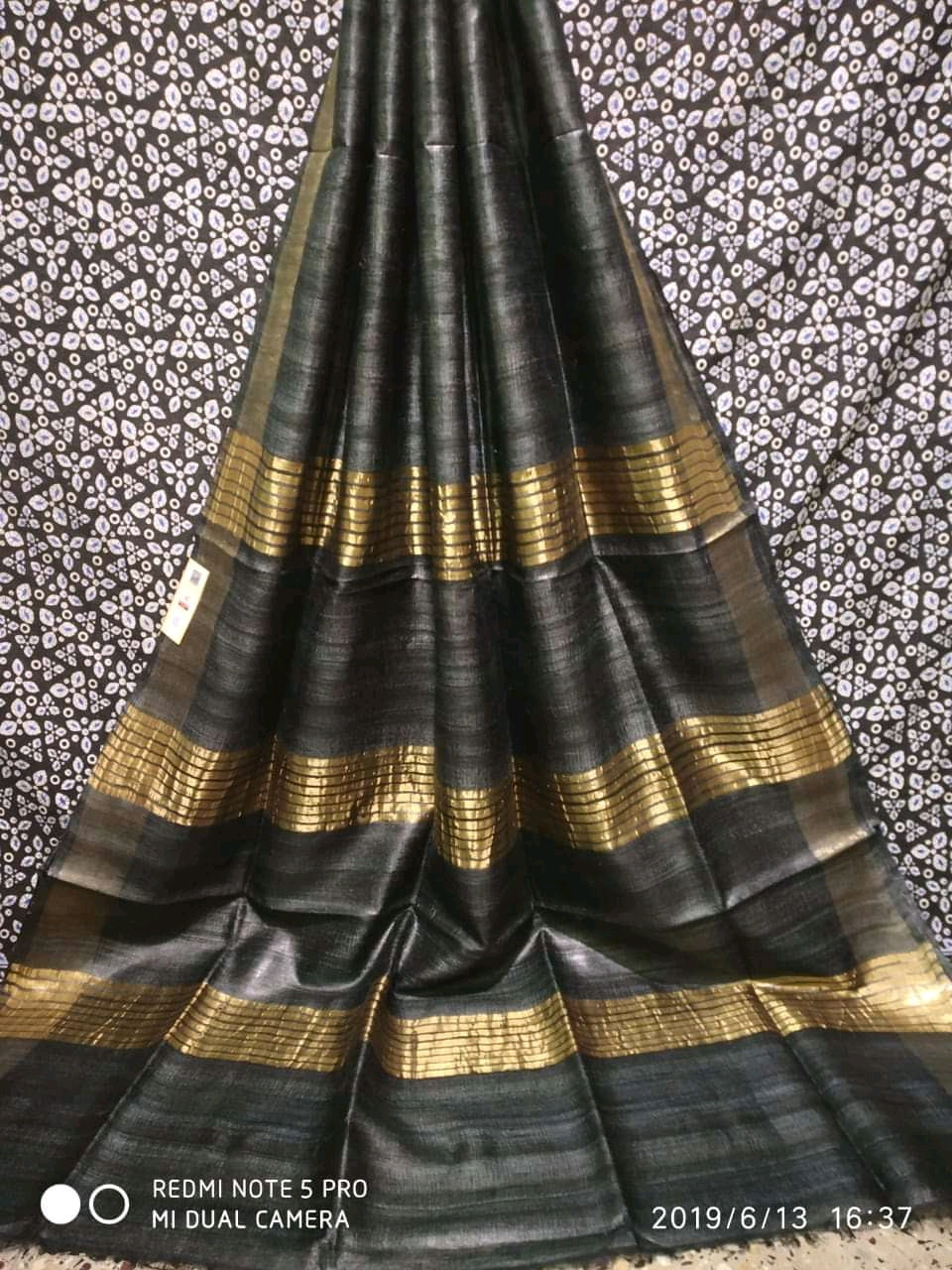 Classic black Tussar Ghicha silk saree with golden zari border - Roomz