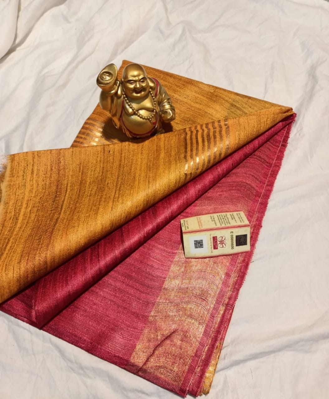 Red Body with Yellow Pallu Tussar Ghicha Silk Saree - Golden Zari Border