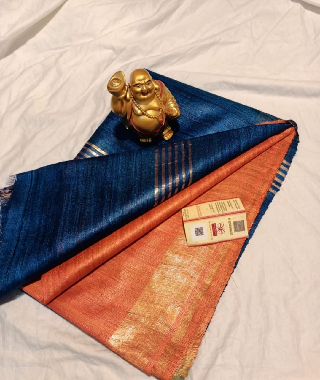 Orange Body with Blue Pallu Tussar Ghicha Silk Saree - Golden Zari Border