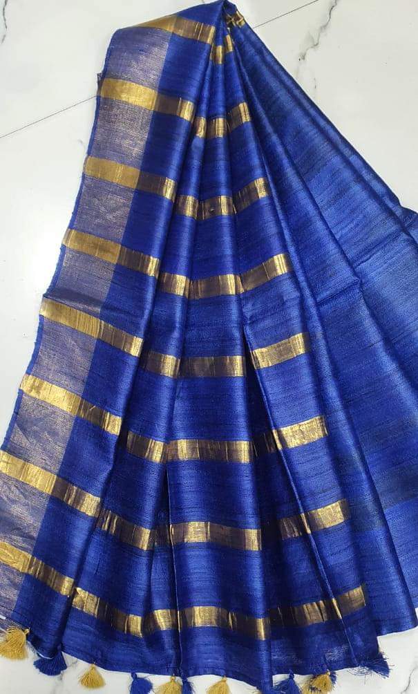 Handwoven pure Tussar Ghicha silk saree blue with golden zari border - Roomz