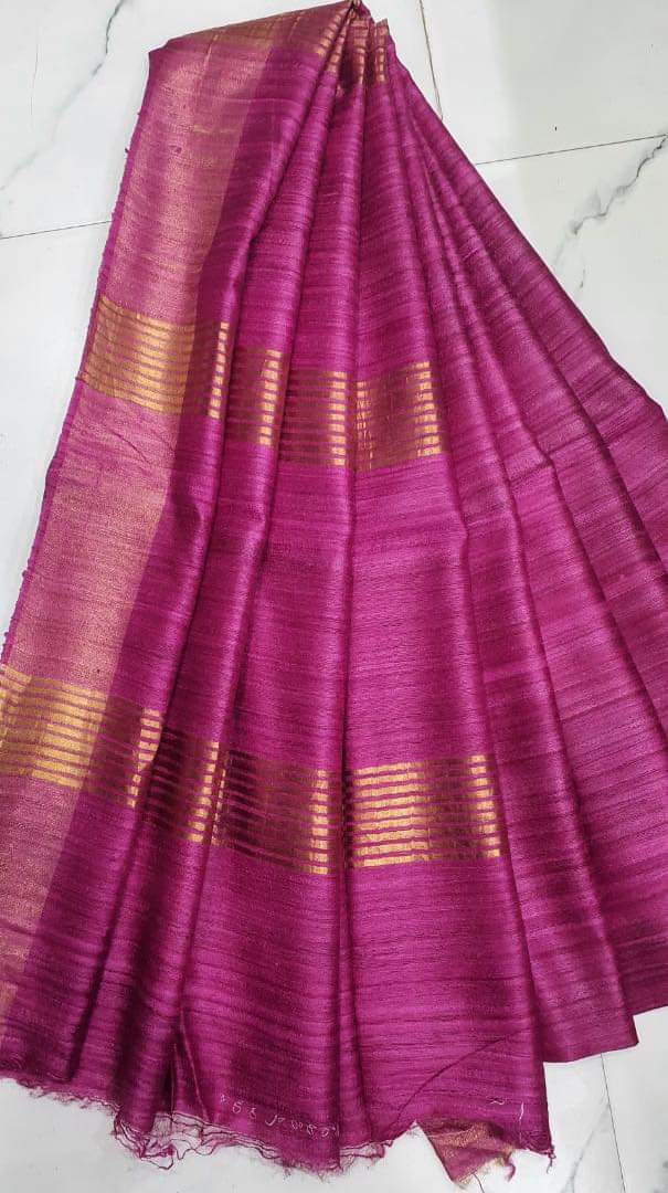 Deep Pink Tussar Ghicha Silk Saree with Golden Zari Border | Handwoven Pure Silk