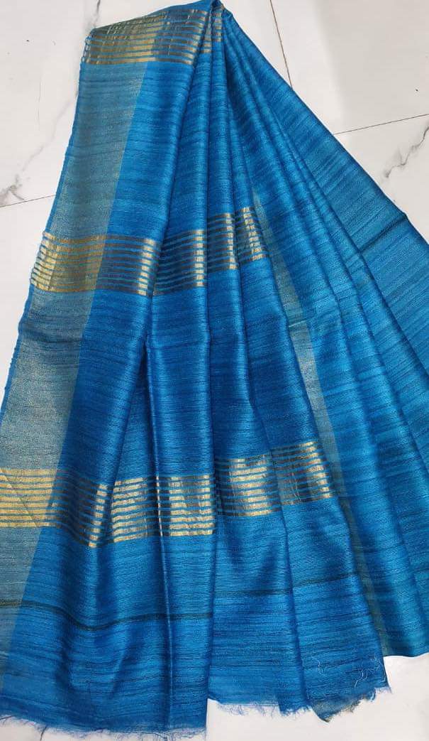 Turquoise (Firozi) Tussar Ghicha Silk Saree with Golden Zari Border | Handwoven Pure Silk