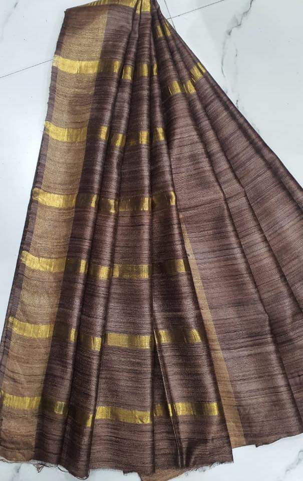 Brown Tussar Ghicha Silk Saree with Golden Zari Border | Handwoven Pure Silk
