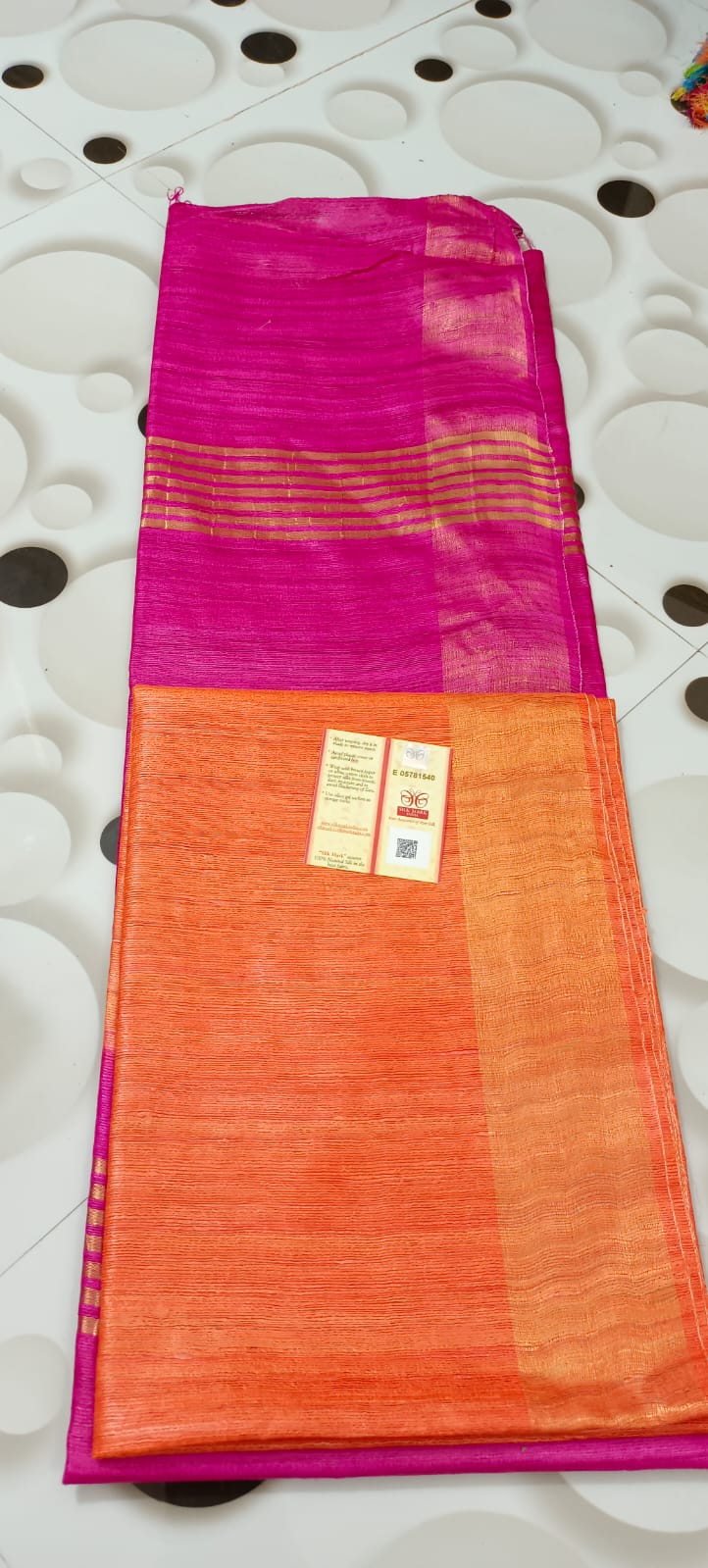 Orange Body with Pink Pallu Tussar Ghicha Silk Saree - Golden Zari Border