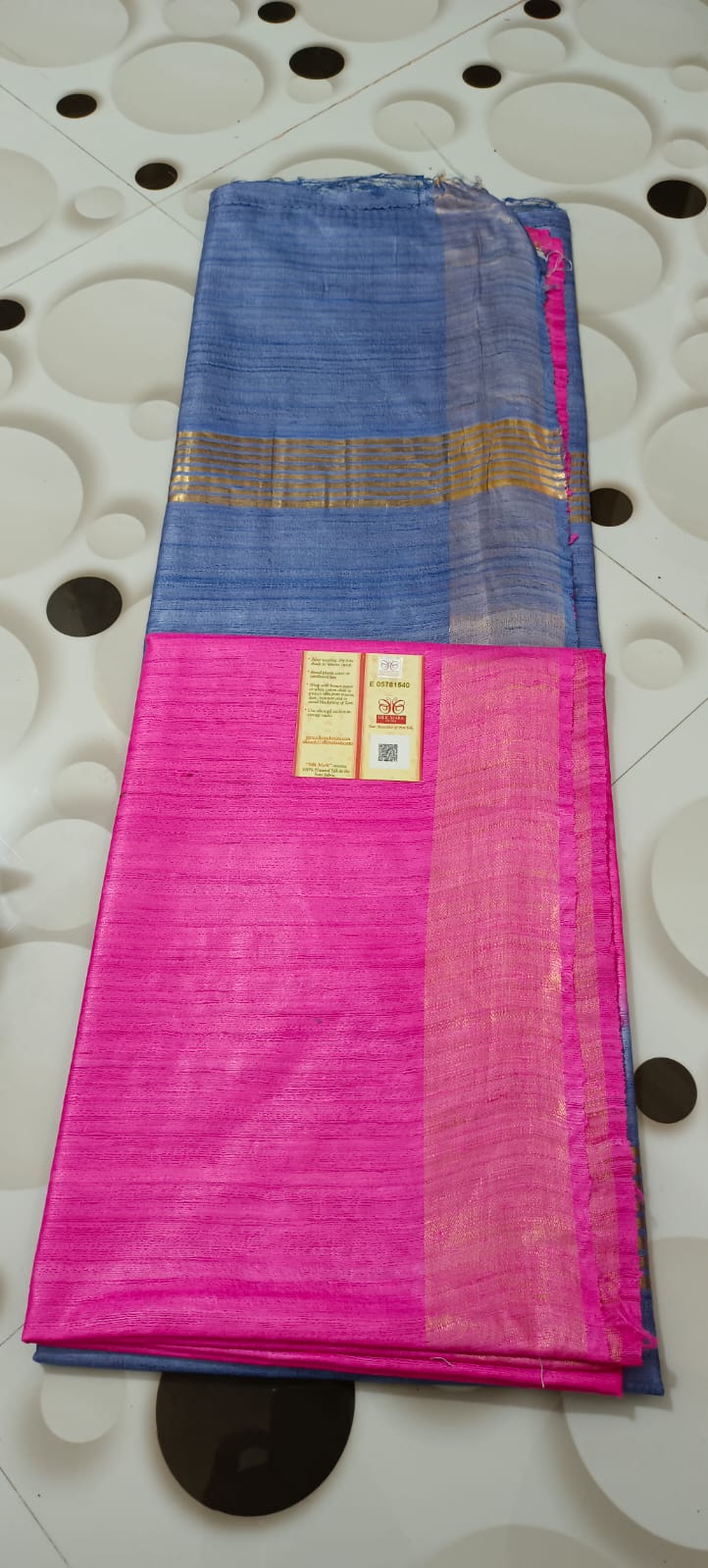 Pink Body with Blue Pallu Tussar Ghicha Silk Saree - Golden Zari Border