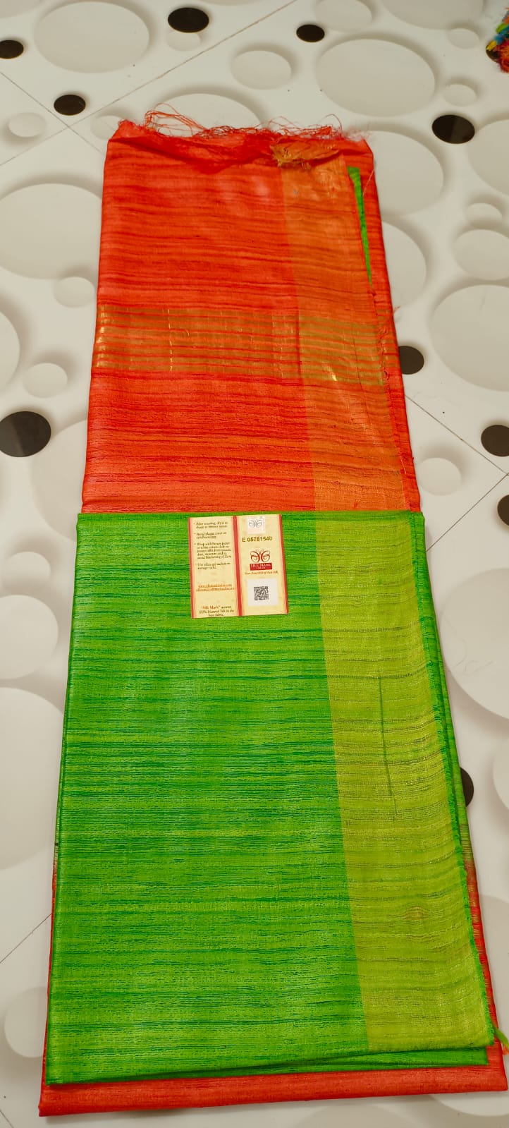 Green Body with Orange Pallu Tussar Ghicha Silk Saree - Golden Zari Border
