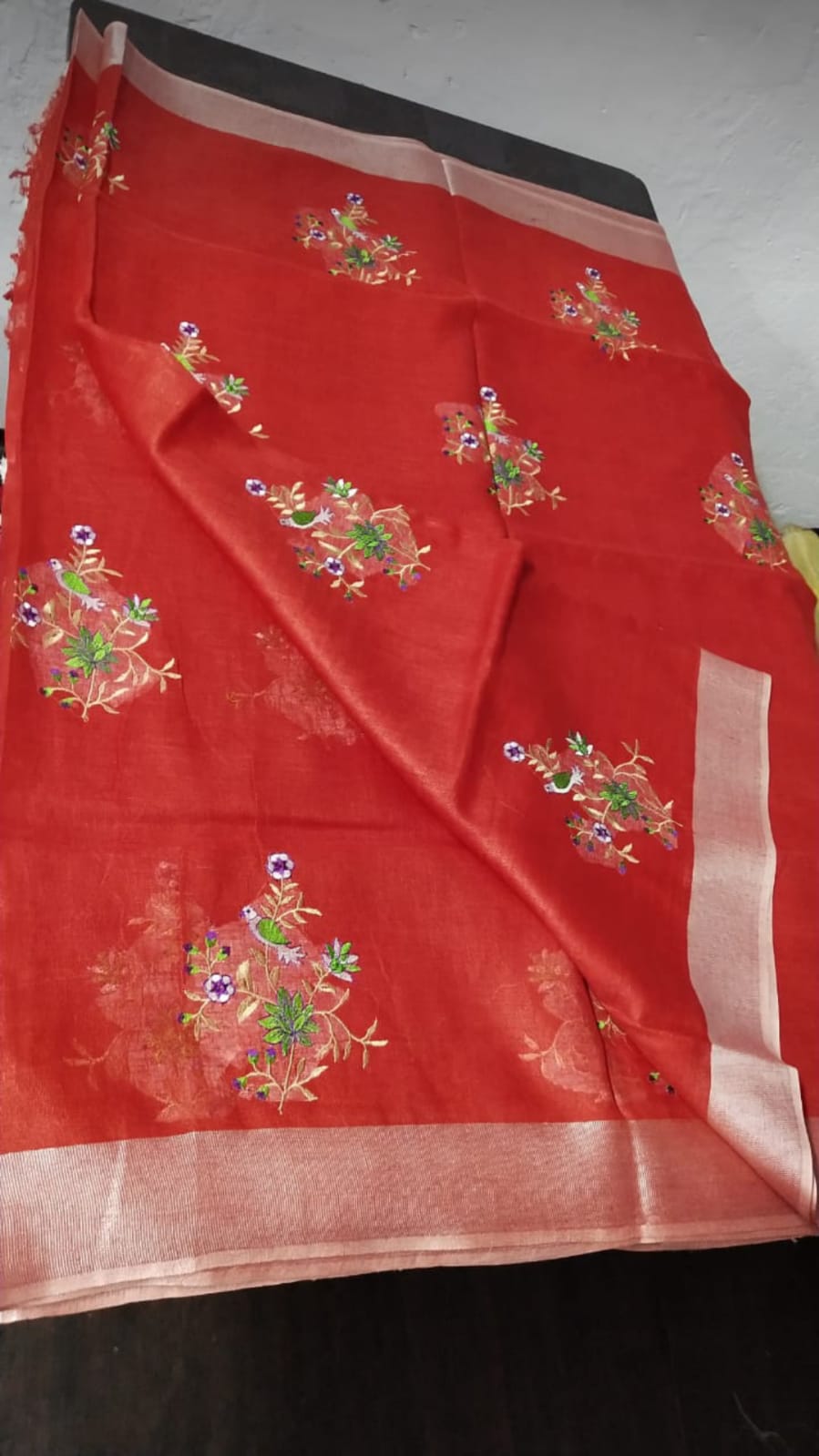 Red linen saree with silver zari border - Roomz Bridal Collection