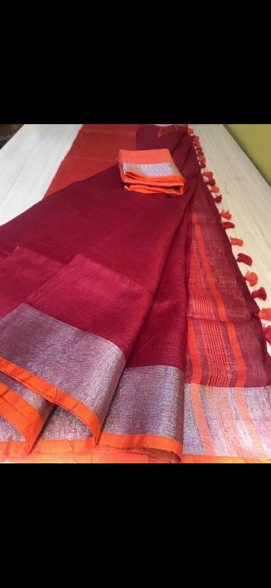 Red linen saree with silver zari border and orange piping - Roomz Festive Collection