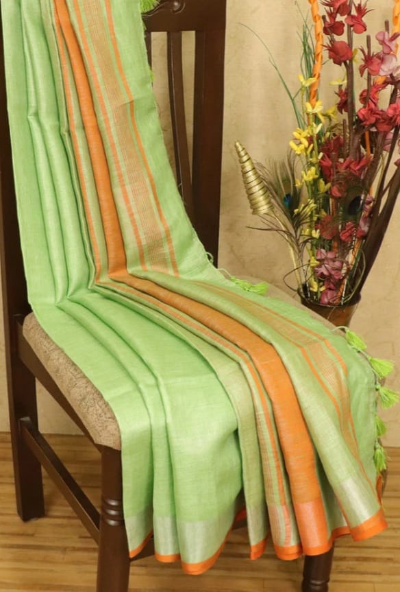 Parrot green linen saree with silver zari border - Roomz Festive Collection