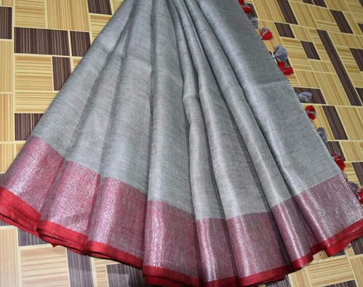 Gray linen saree with silver zari border and red piping - Roomz Contemporary