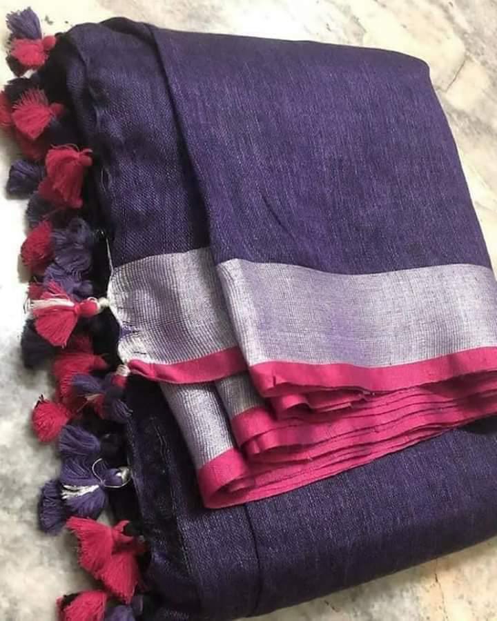 Purple linen saree with silver zari border and pink piping - Roomz Luxury Collection