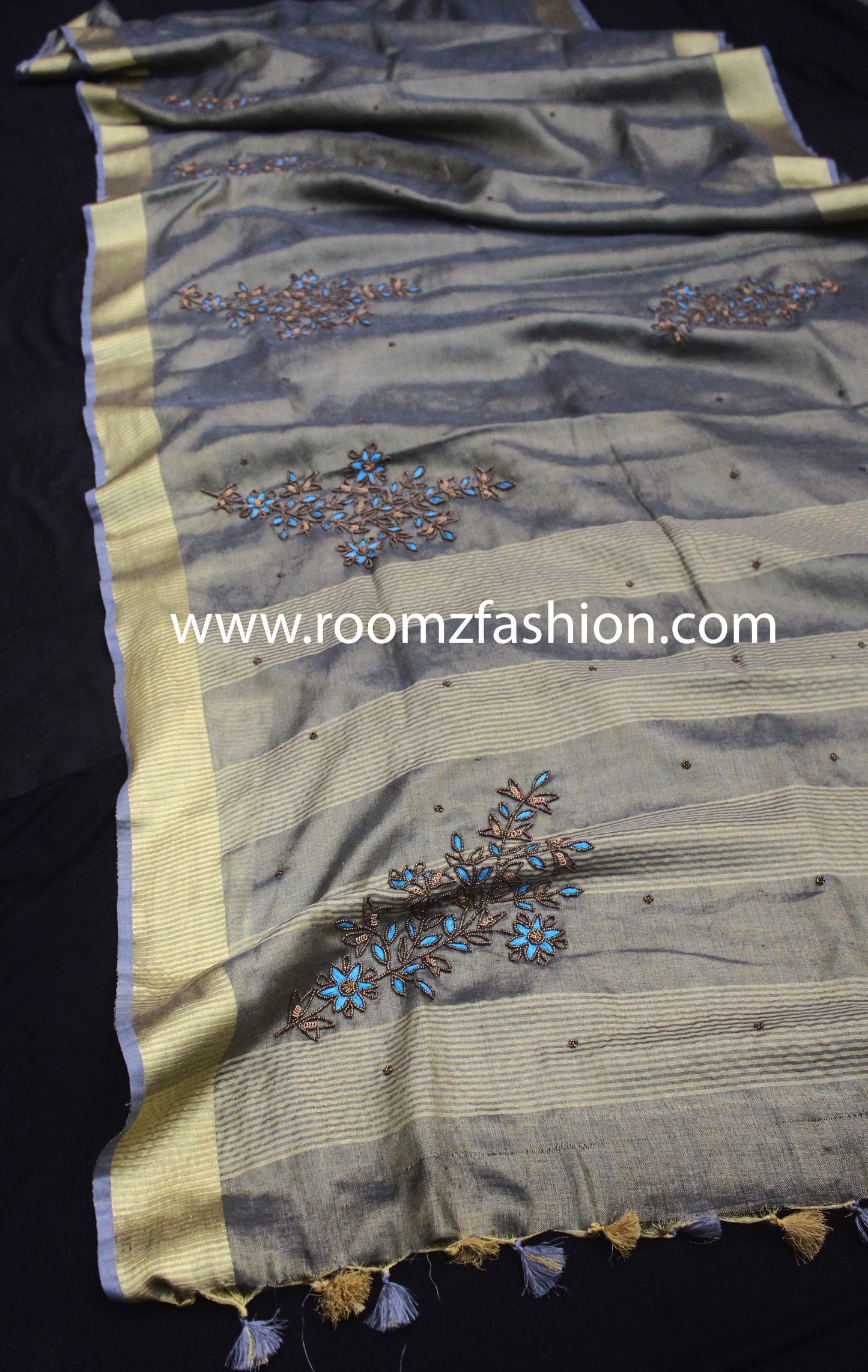 Gray tissue linen saree with golden zari border - Modern Ethnic Collection