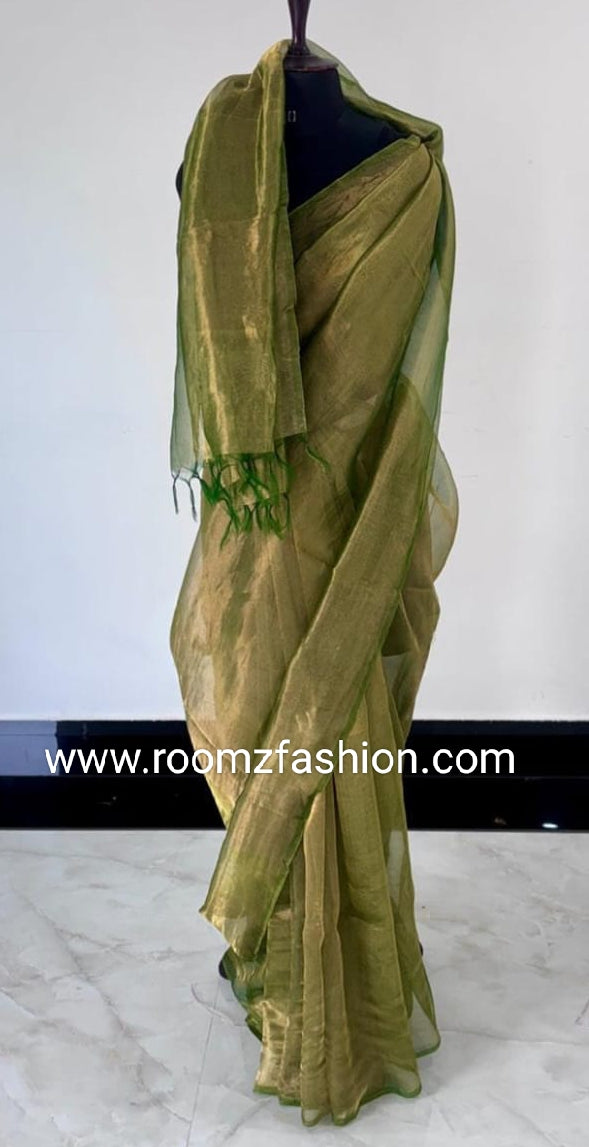 Silk Mark certified green tissue silk saree for women