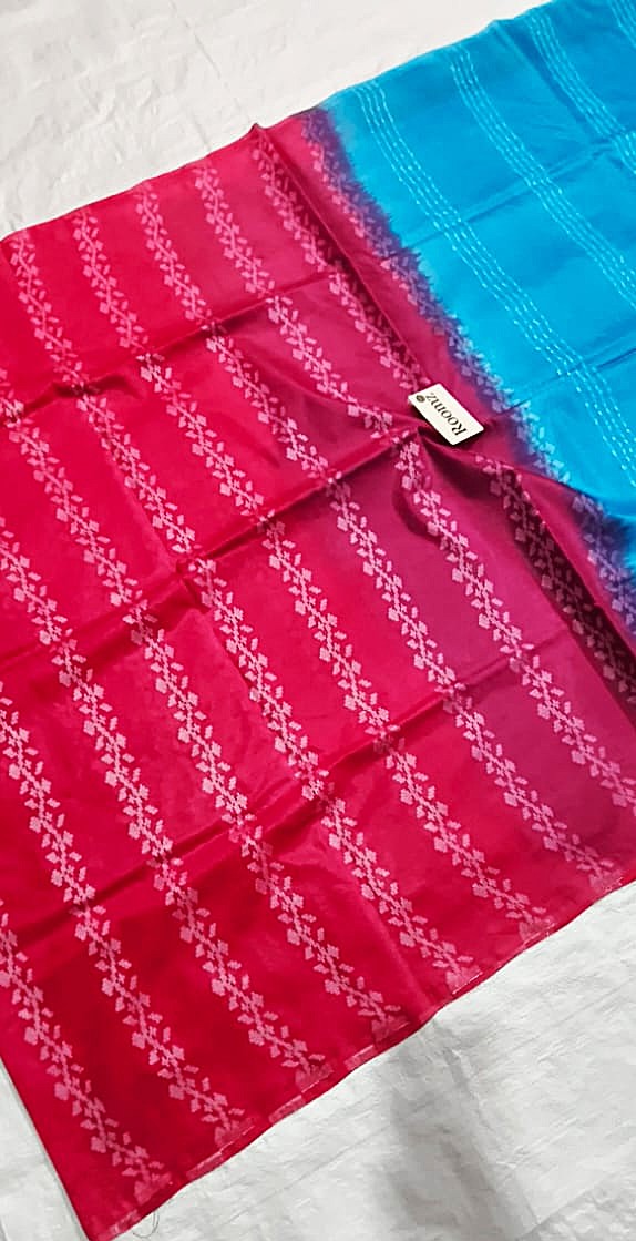 Turquoise contrast blouse piece with Organza Viscose saree