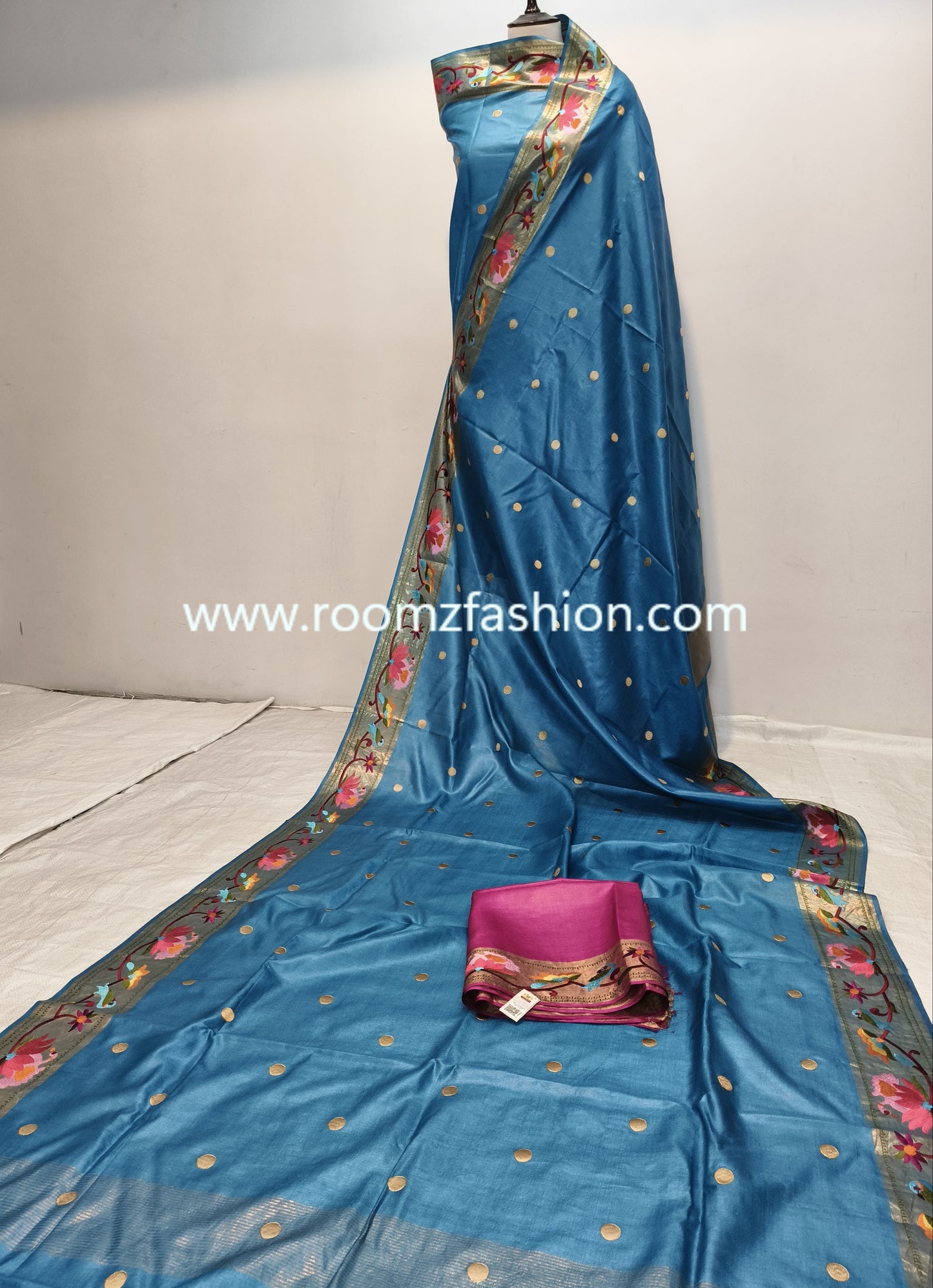 Blue Tussar Silk Saree with embroidery work and tassel pallu, Silk Mark certified