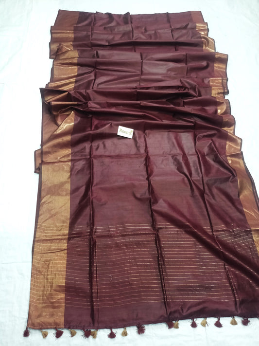 Brown Pure Tussar Munga Silk Saree with plain body - Roomz Fashion