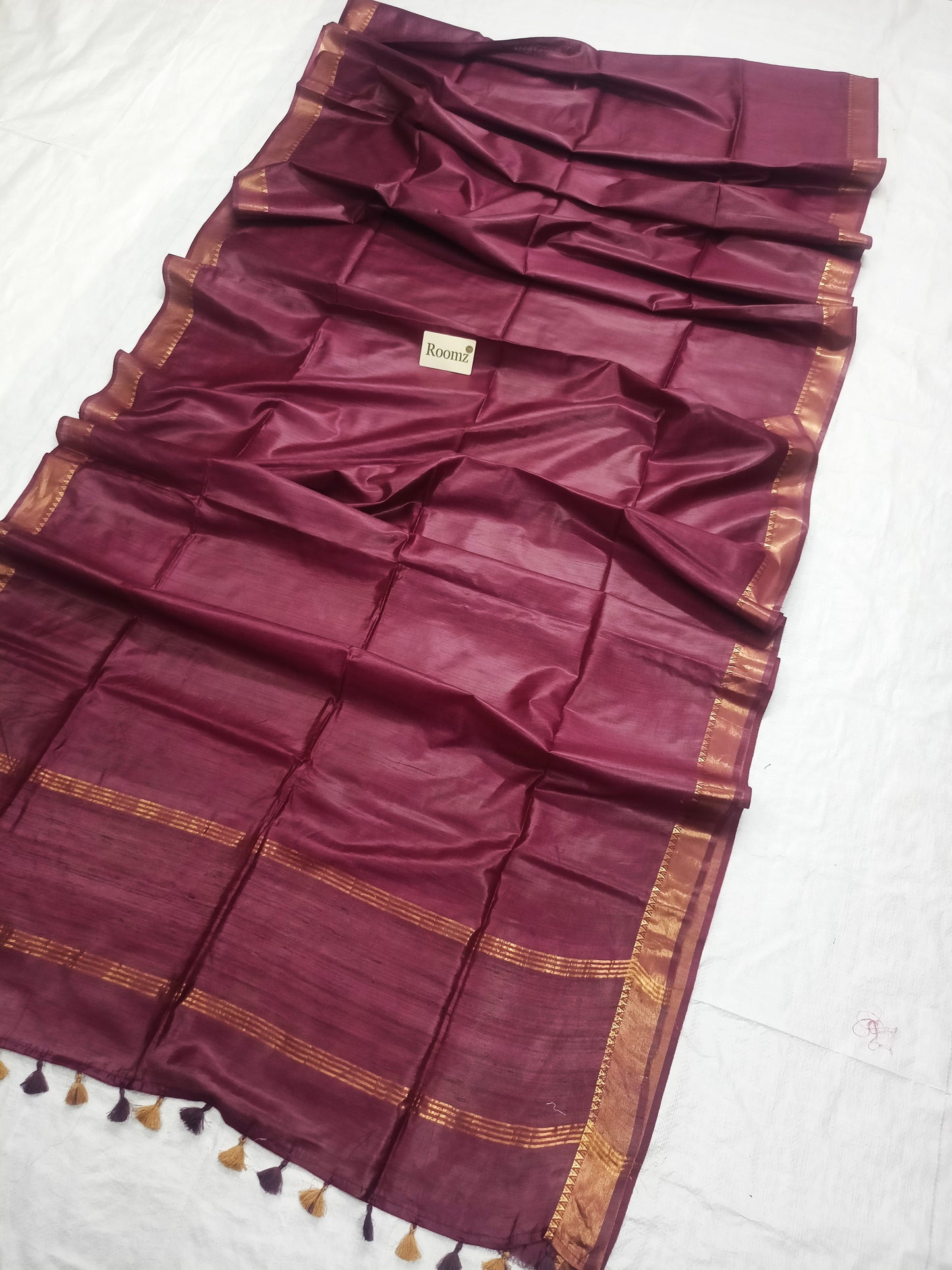Brown Tussar Munga Silk Saree with golden zari border