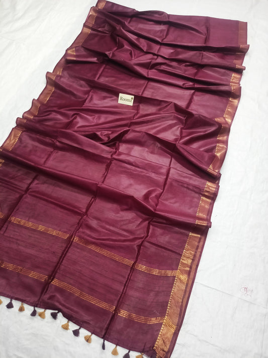 Brown Tussar Munga Silk Saree with golden zari border