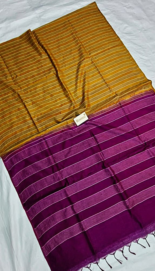 Close-up of weaving texture on yellow Organza Viscose saree - Roomz Fashion