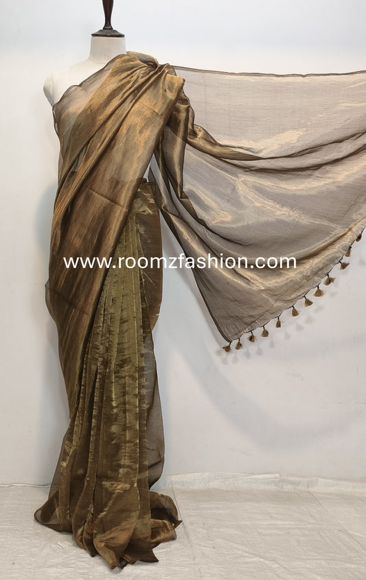 Copper Tissue Silk Saree with tassel details - Roomz Fashion