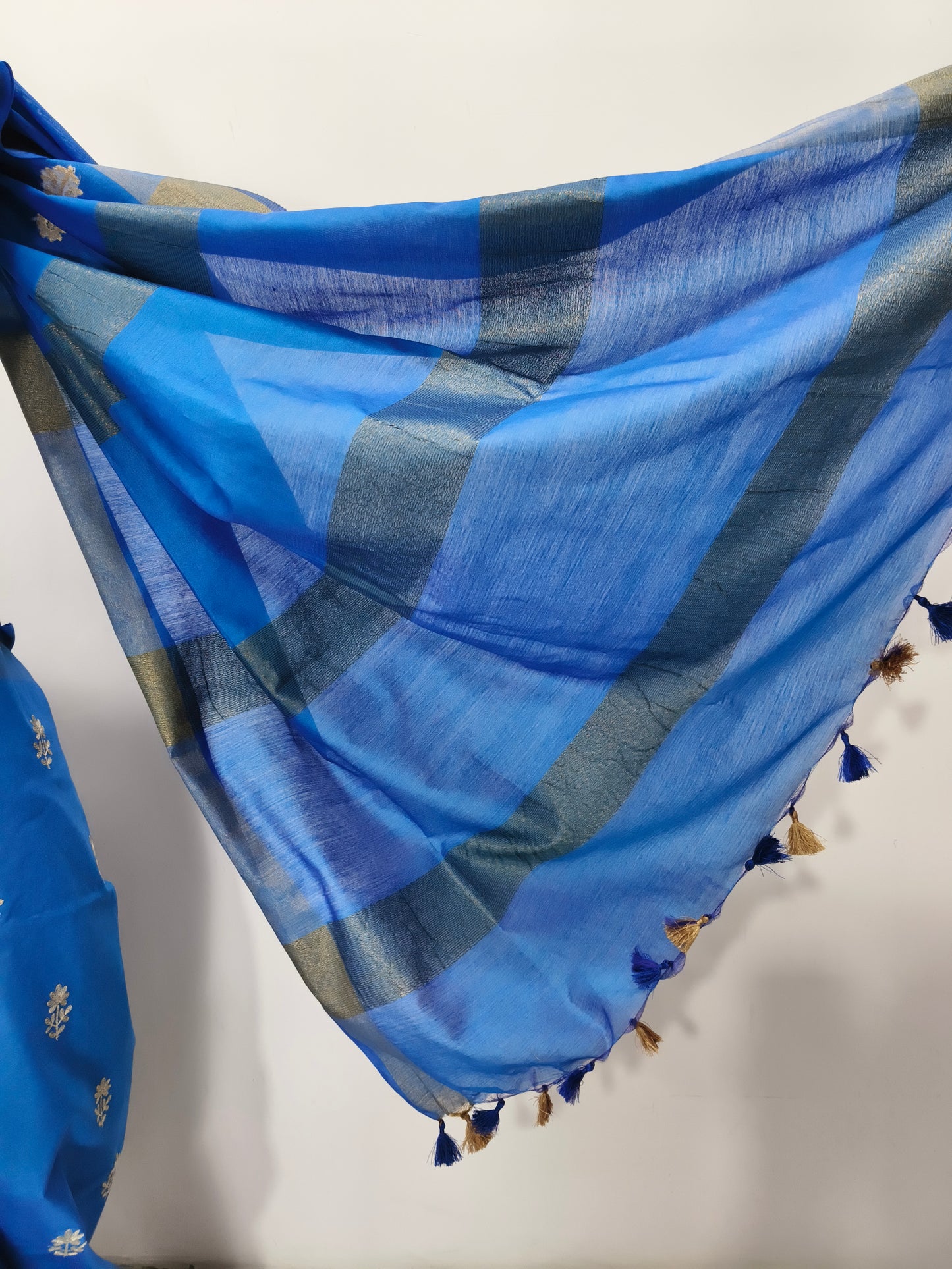 Draped blue Kota Viscose saree showing elegant fall - Roomz Collection