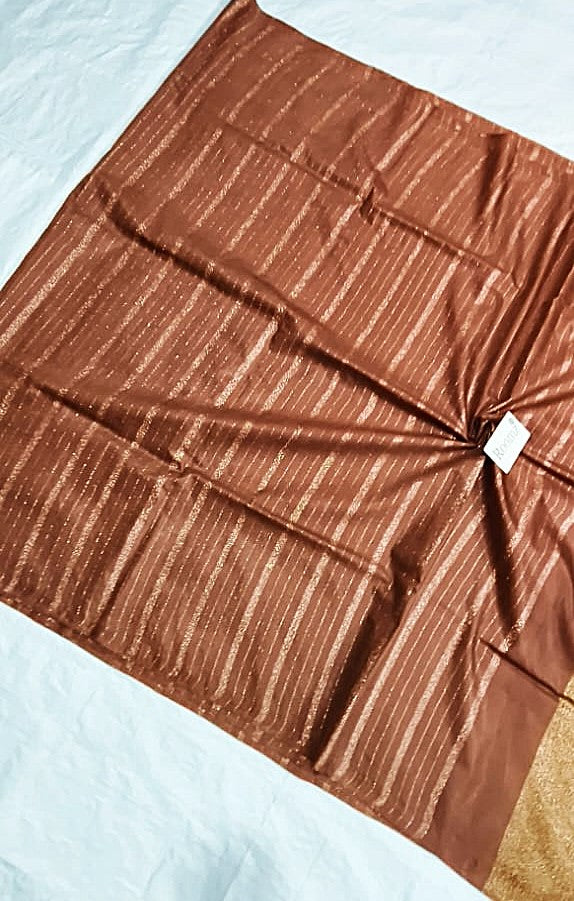 Draped brown Organza Viscose saree showing elegant fall - Roomz Collection