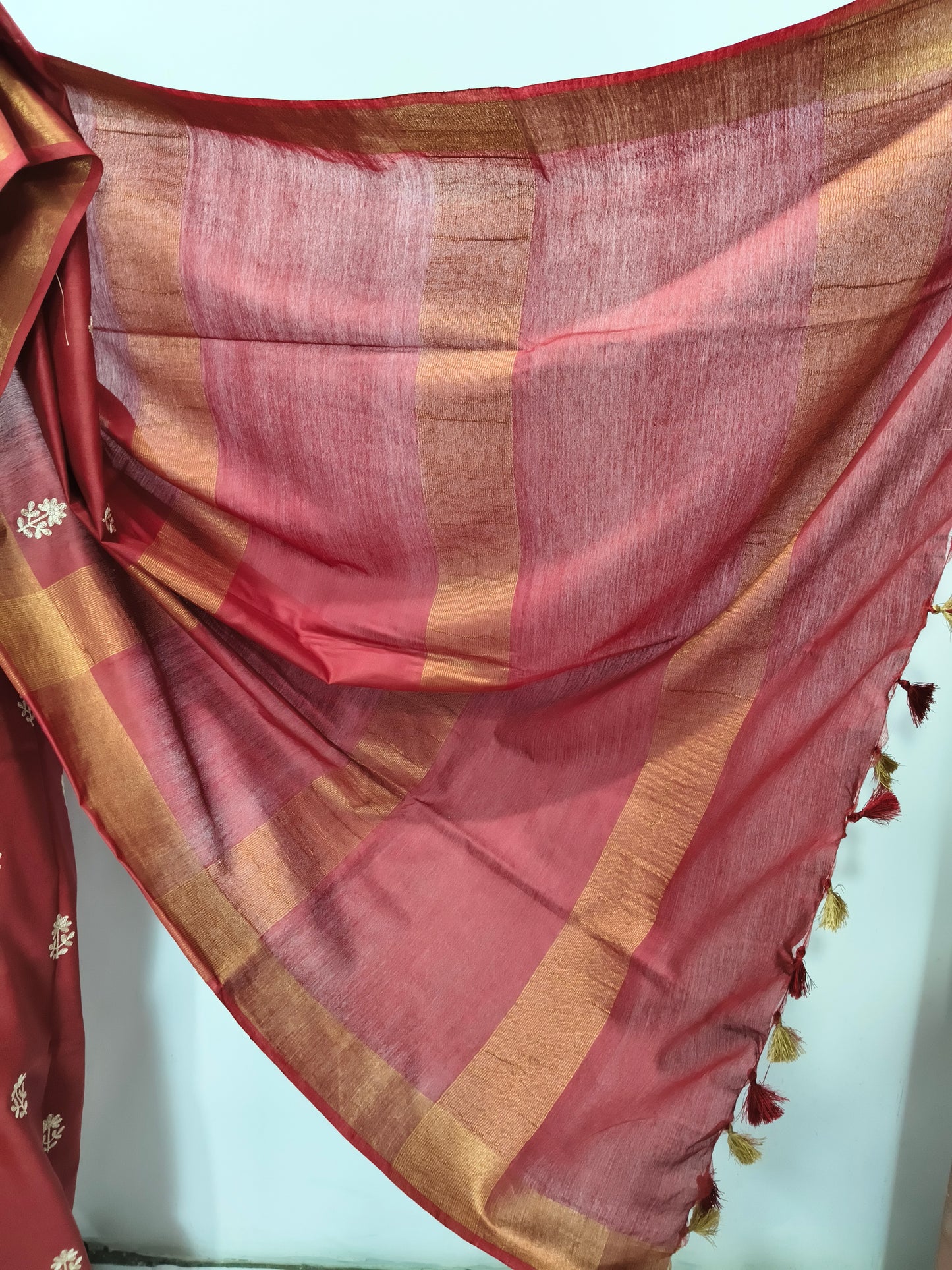 Draped maroon Kota Viscose saree showing elegant fall - Roomz Collection