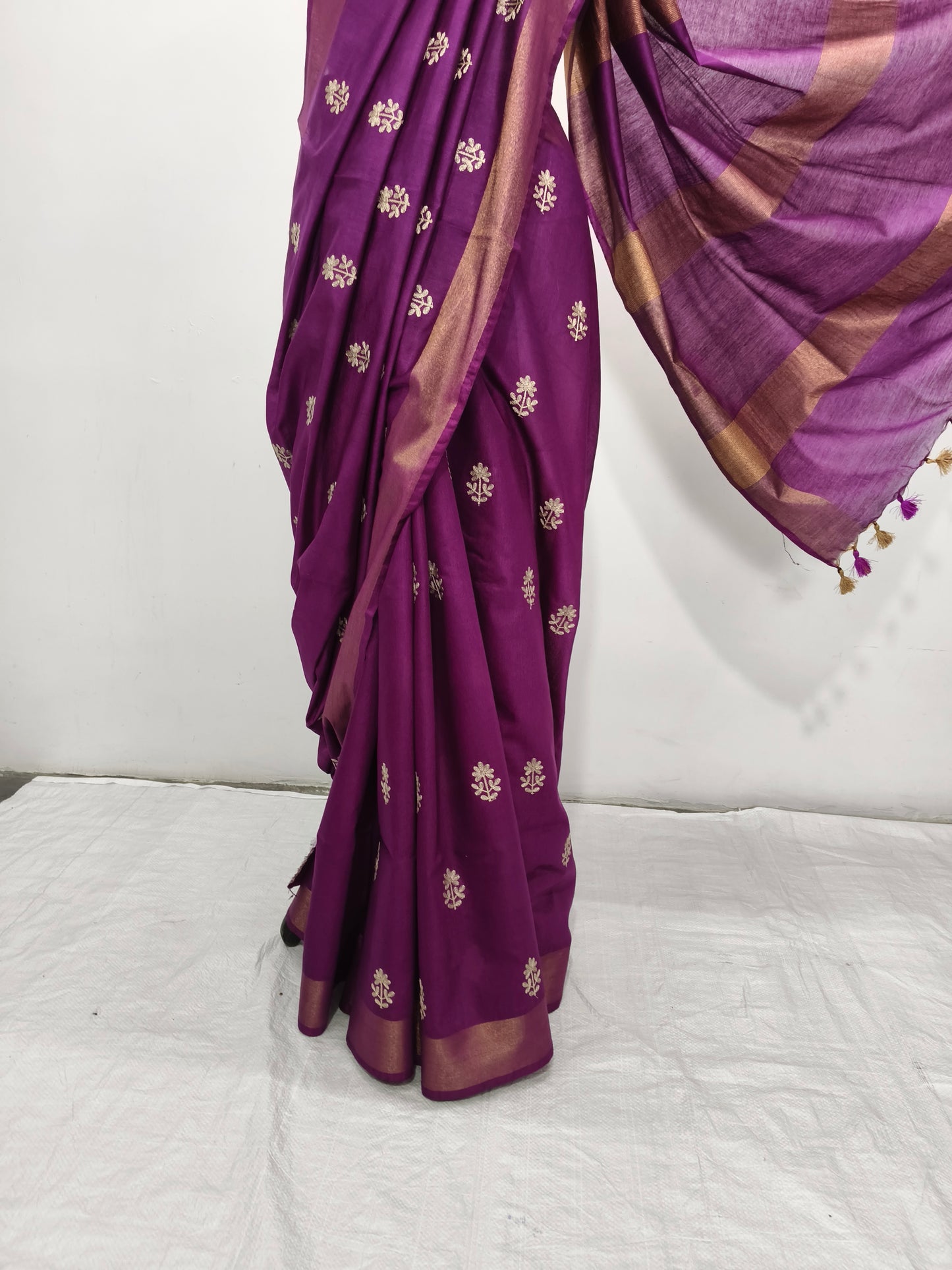 Draped purple Kota Viscose saree showing elegant fall - Roomz Collection