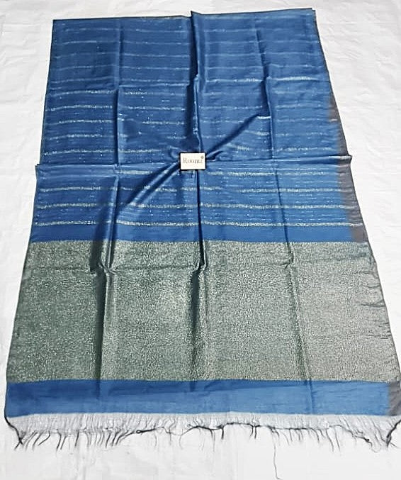 Draped steel blue Organza Viscose saree showing elegant fall - Roomz Collection