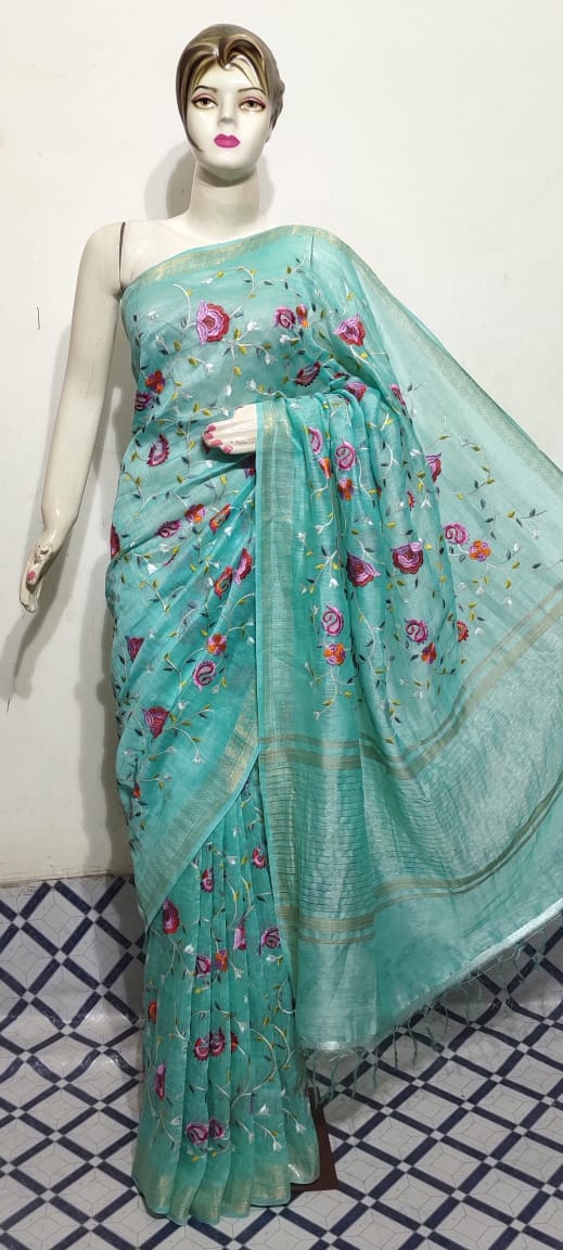 Light Green Pure Tussar Silk & Linen Saree – 2.5-inch Golden Zari Border & Embroidery